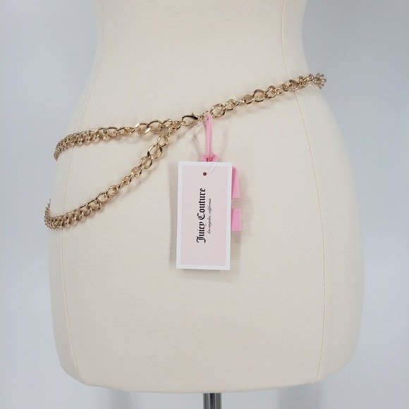 Juicy Couture Charm Chain Belt Women 1X Gold Pink Heart Crown Bee Y2K Rhinestone